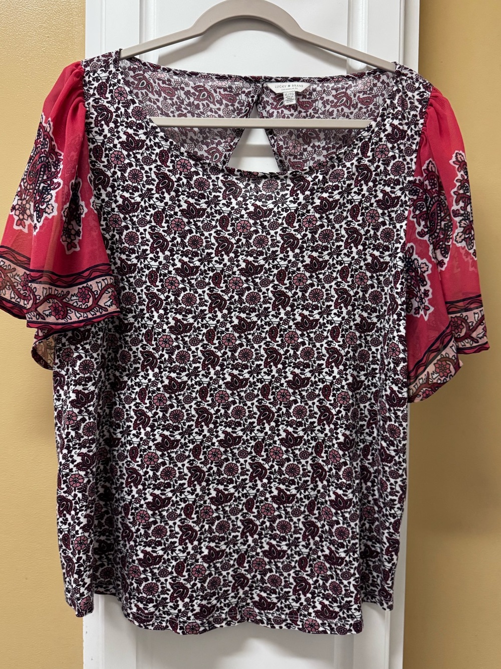 Lucky Brand Floral Scoop Neck Top with Flutter Sleeves